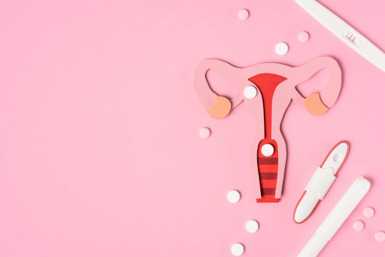 Top view of female reproductive system, pills and various pregnancy tests on pink